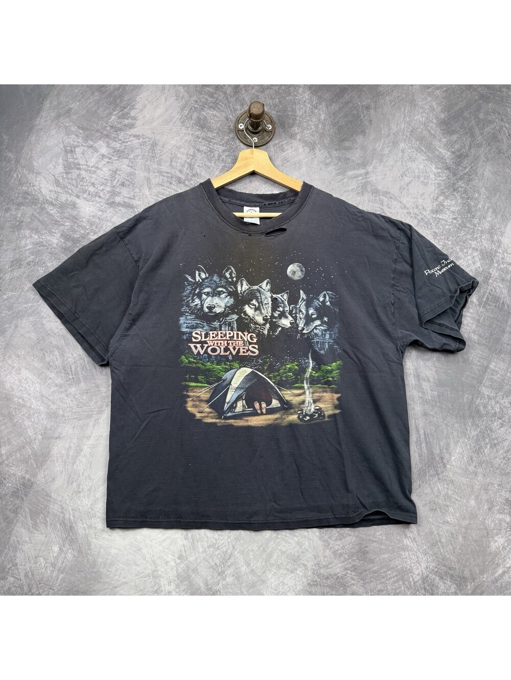 Vintage 90s Camping Sleeping with the Wolves T Shirt Mens 2XL Black Distressed